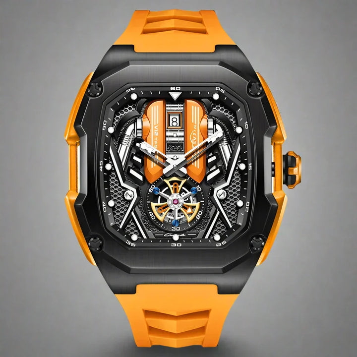 Elegant men's luxury Tourbillon Chronograph watch. Durable stainless steel, comfortable rubber strap.