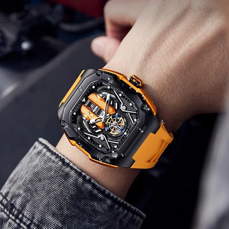 Elegant men's Tourbillon Chronograph luxury watch. Stainless steel case, durable rubber strap.