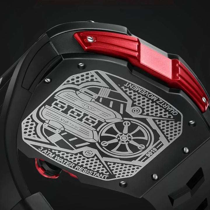 Detailed view of men's Tourbillon Chronograph luxury watch. Water-resistant, high-end fashion accessory.