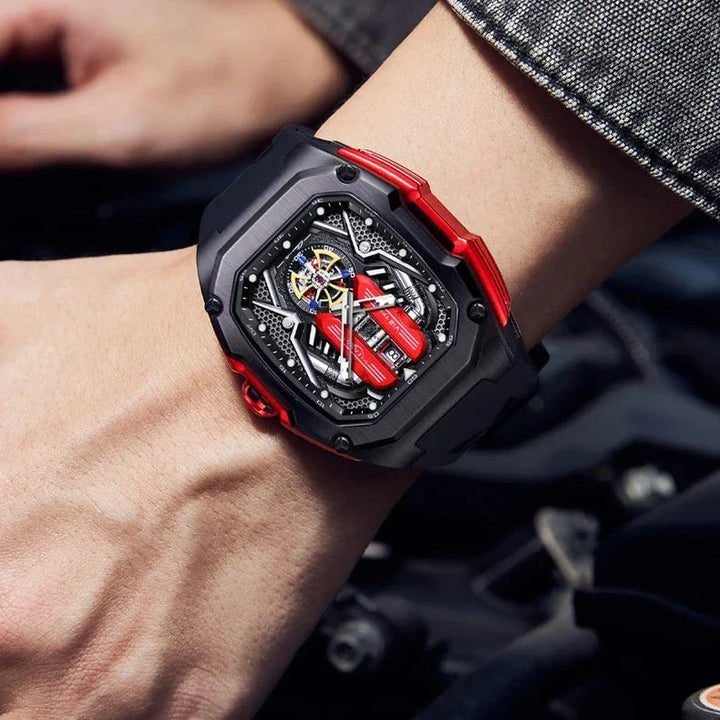 Side view of men's luxury Tourbillon Chronograph watch, highlighting robust stainless steel case.