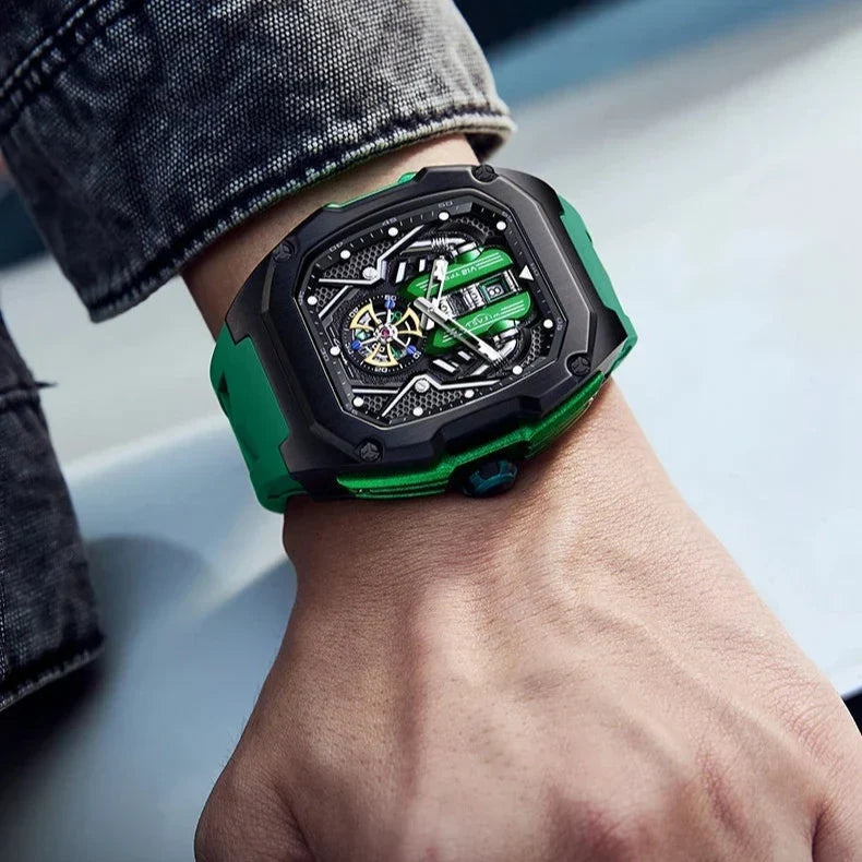 Stylish men's Tourbillon Chronograph watch with rubber strap. Versatile luxury fashion accessory.