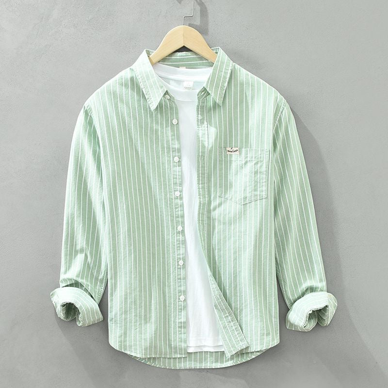 Modern fit men's striped button-up shirt for versatile summer style.
