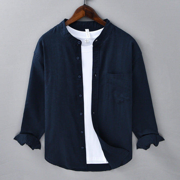 Men's long sleeve mandarin collar shirt, a comfortable and versatile modern fit top.