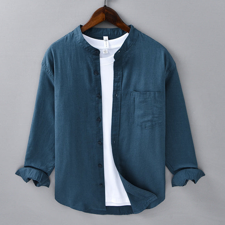 Stylish men's Meridian shirt with a sophisticated mandarin collar, a comfortable long sleeve option.