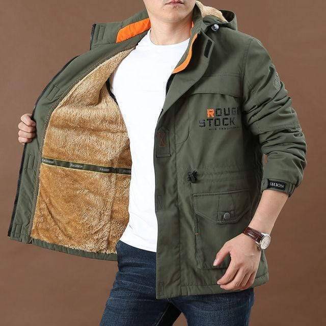 Durable men's winter plush thermal jacket, ideal for outdoor use. Features warm fleece lining and military styling.