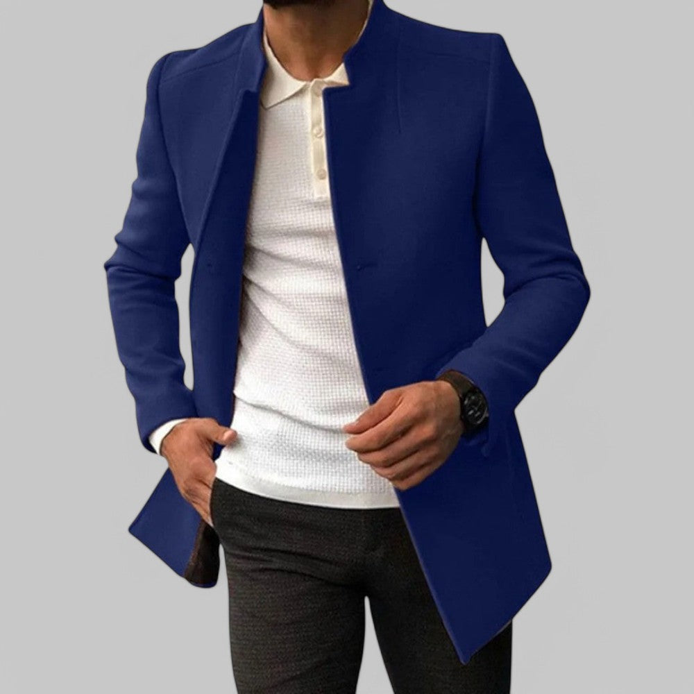 Premium men's winter coat, minimalist button style, tailored for smart casual gentleman fashion.