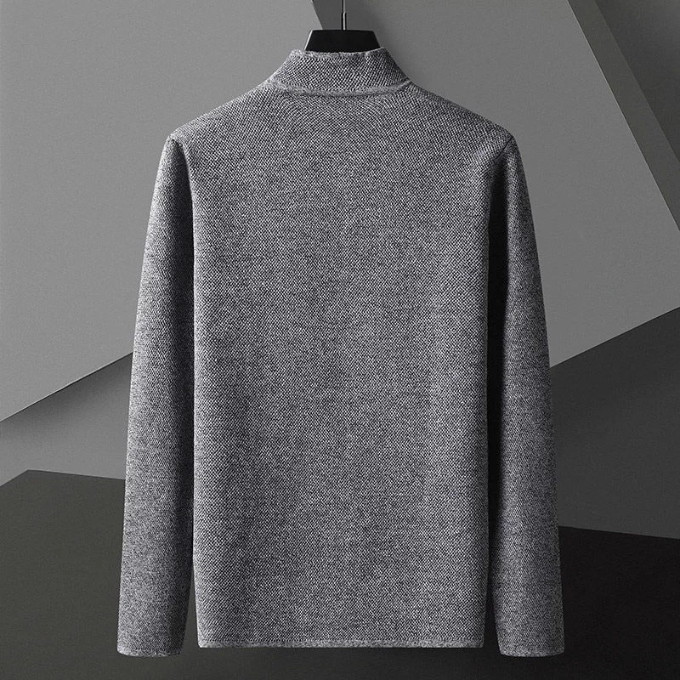 Modern men's collarless cardigan with a minimalist design, great for versatile layering and comfort wear.
