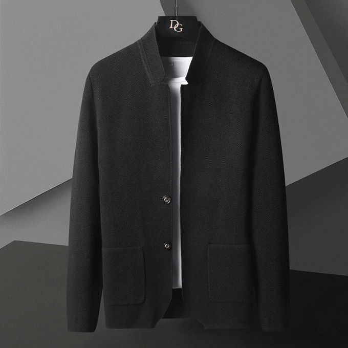 Men's modern collarless cardigan, a versatile and comfortable layering piece for minimalist everyday wear.