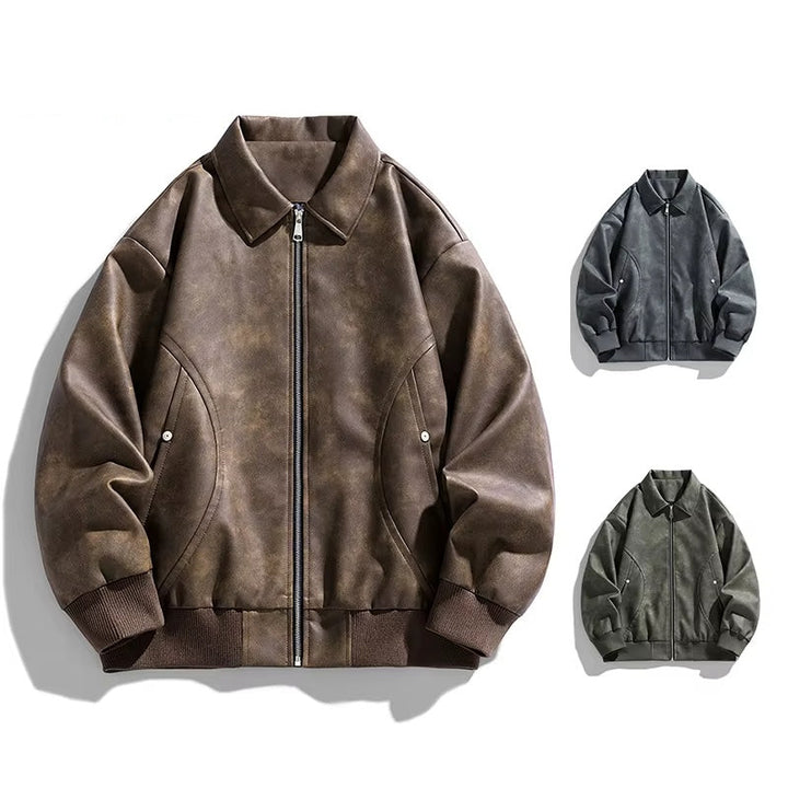 Detail of a men's zipped bomber jacket collar, highlighting modern style and quality for versatile spring/fall outerwear.