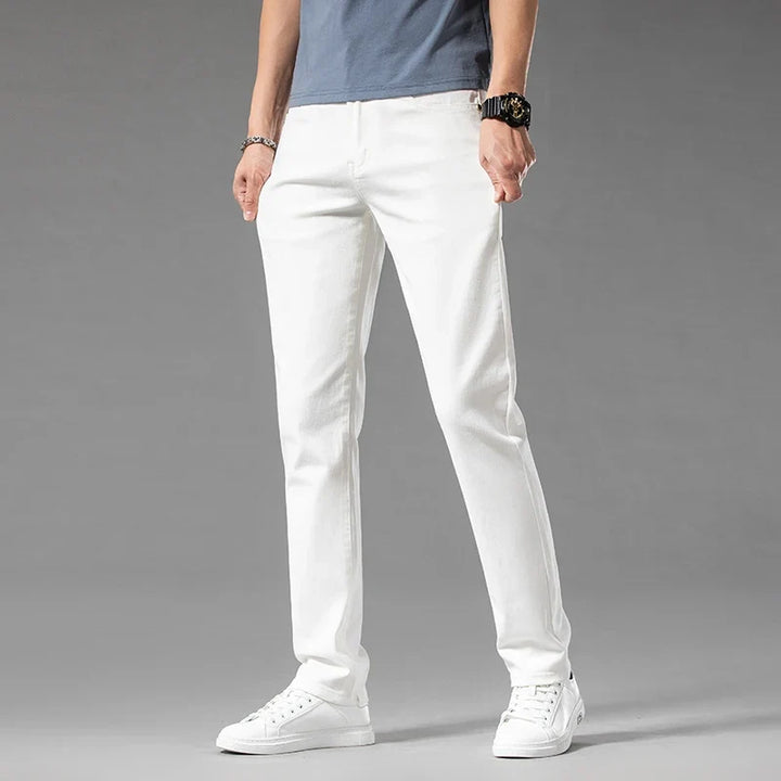 Stylish blue men's modern fit stretch jeans, a versatile denim essential for men's casual fashion.