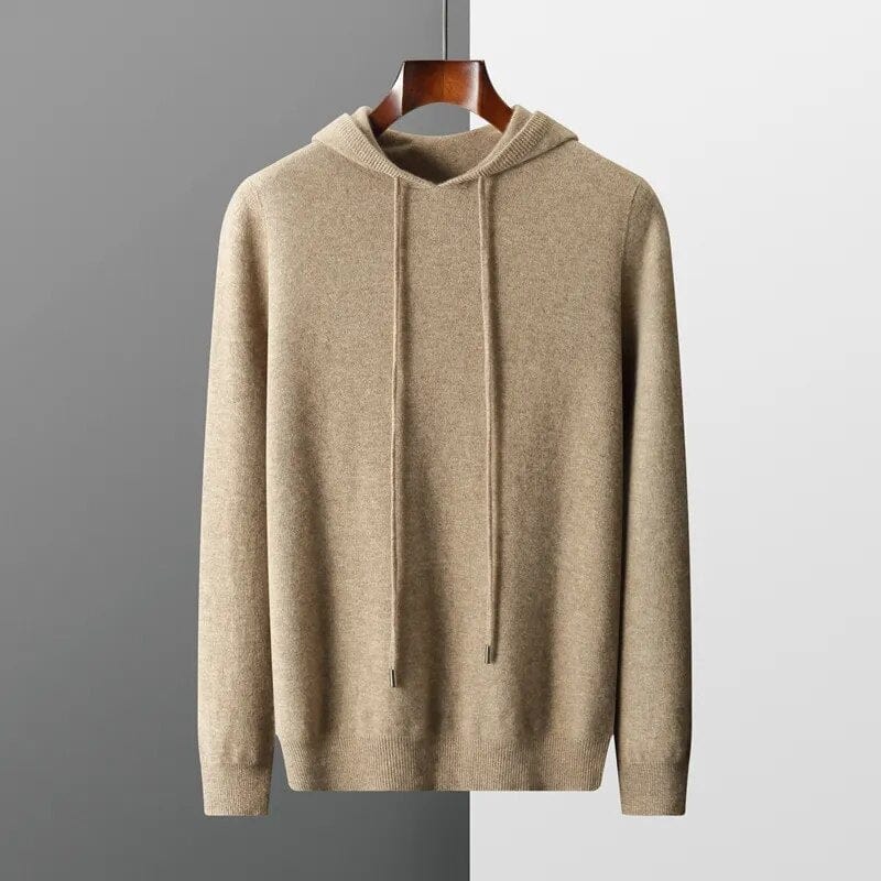 Men's modern grey hoodie sweater with adjustable drawstring hood, perfect for casual layering in fall/winter.