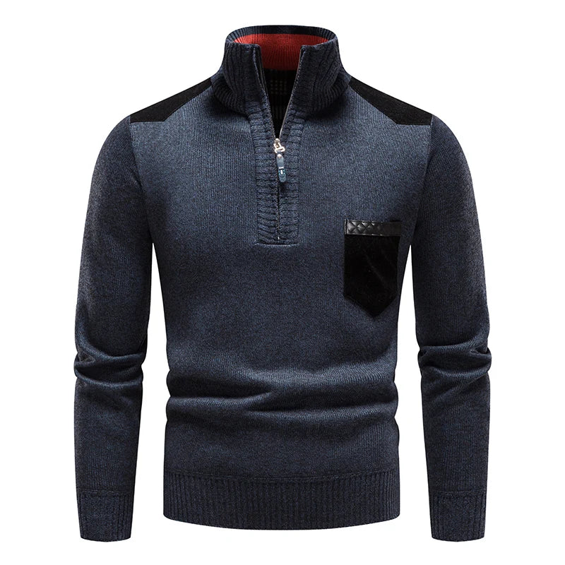 Warm men's modern half-zip sweater, a stylish top for winter apparel & fall fashion layering.