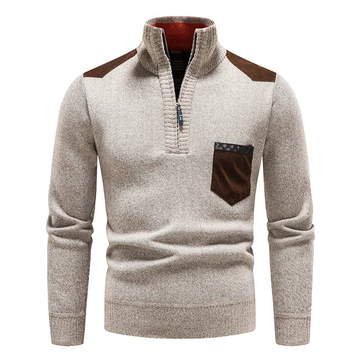 Stylish men's half-zip sweater with modern accents & comfortable fit for winter.
