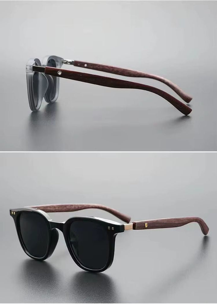 Fashionable men's wood-accent sunglasses in black & grey, ideal for modern style & eye protection. Classic eyewear accessory.