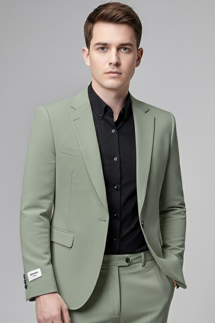 Modern men's slim fit suit, showcasing sleek Korean style for a sharp, contemporary business look.