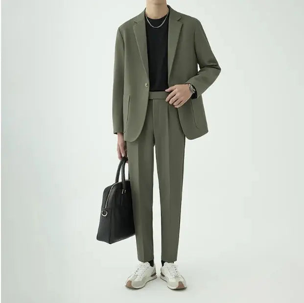 Stylish men's tailored suit, a modern two-piece design suitable for formal business wear & events.