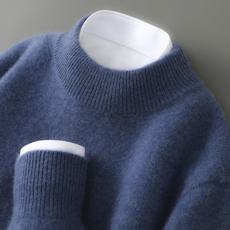Comfortable men's mock neck pullover sweater. Versatile for casual or elegant autumn/winter styling.