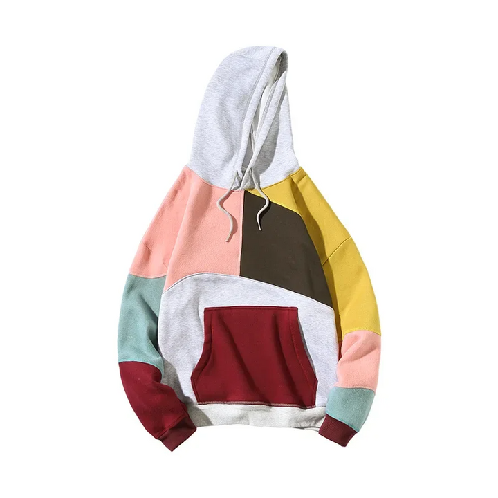 Men's casual patchwork hooded sweatshirt. Comfortable pullover hoodie with modern, unique design for everyday wear.