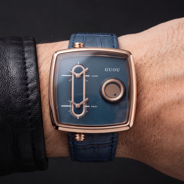 Versatile men's blue square face dual time quartz watch, a modern timepiece with leather strap.