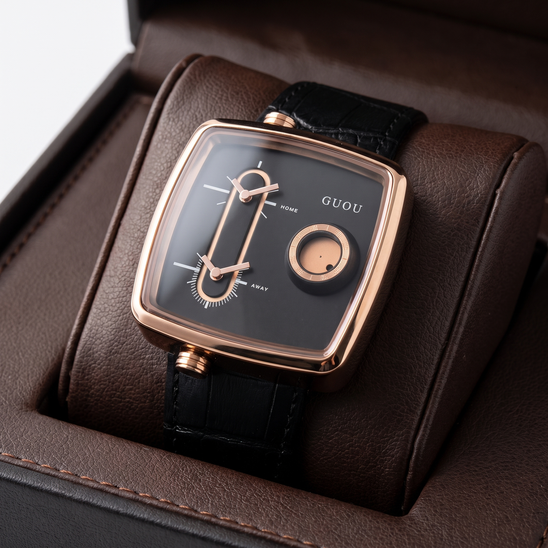 Elegant men's modern square dial dual time quartz watch; a versatile black timepiece.