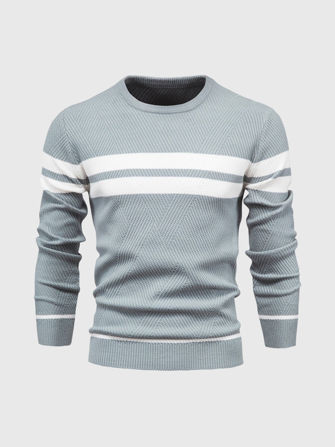 Contemporary men's striped crewneck sweater with a flattering, comfortable long sleeve fit.