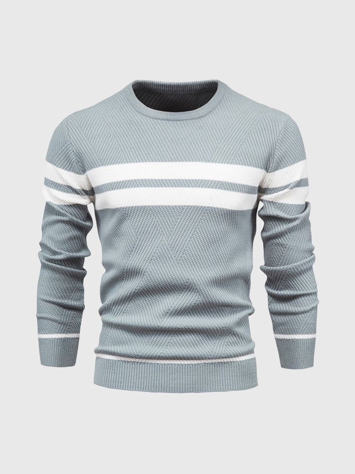 Contemporary men's striped crewneck sweater with a flattering, comfortable long sleeve fit.
