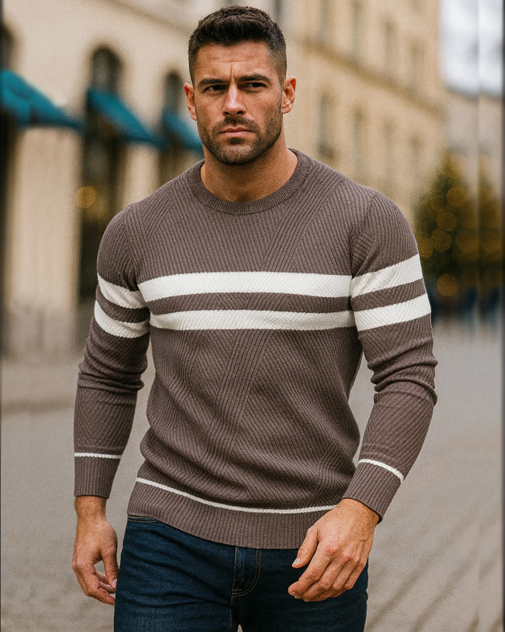 Comfortable men's striped crewneck sweater, perfect long sleeve top for cooler weather and casual style.