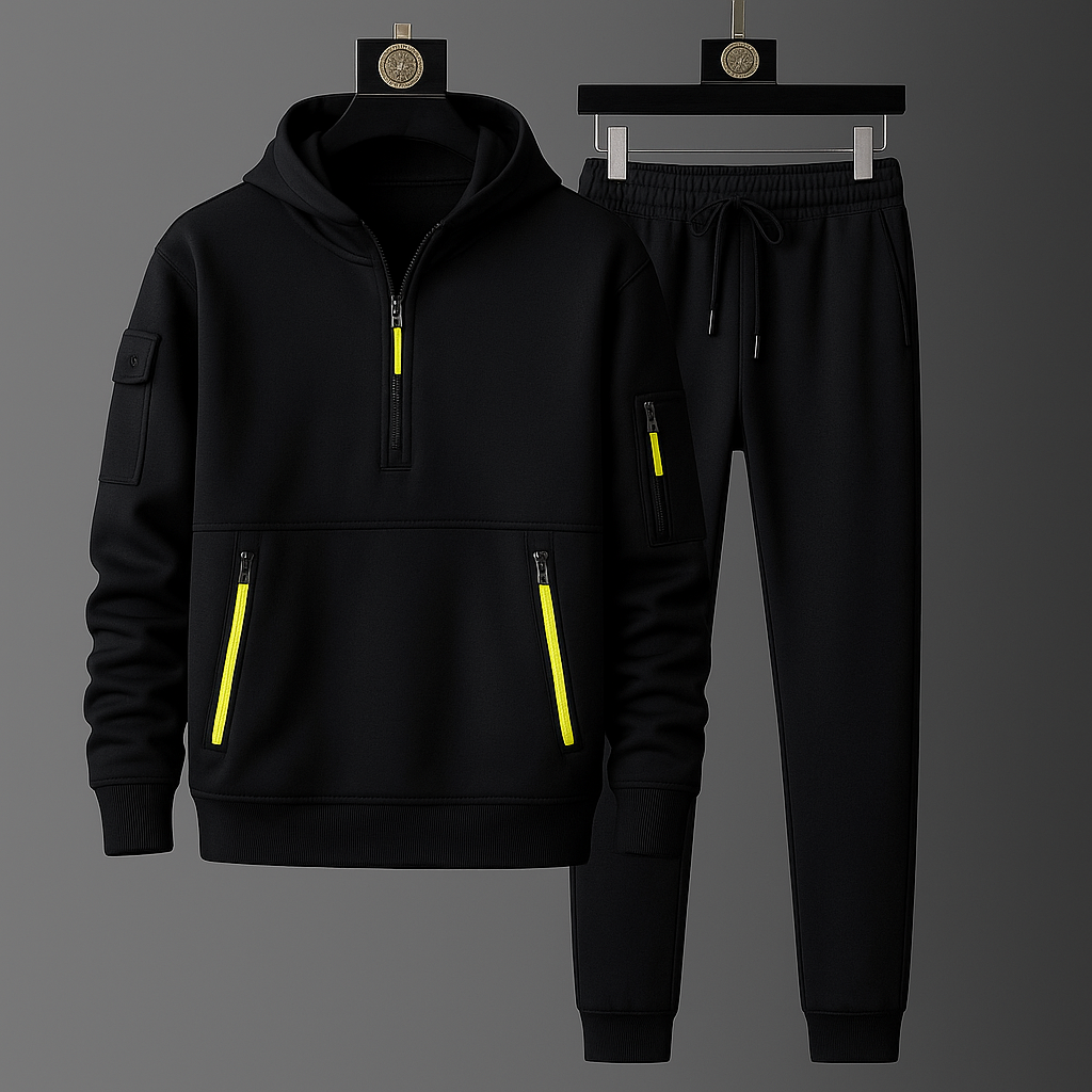 Black men's athleisure tracksuit, featuring a modern design for comfort and active living.