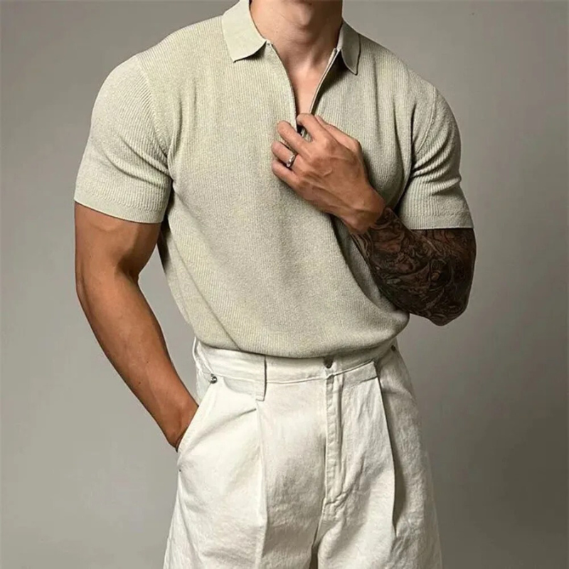 Men's modern zip-up polo shirt, tailored fit, comfortable short sleeve knit top for stylish casual wear.