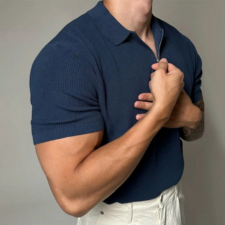 Stylish men's tailored fit zip-up polo, modern short sleeve knit top for a sleek and comfortable look.