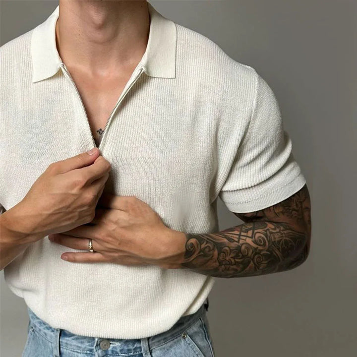 Comfortable knit zip-up polo shirt for men, tailored fit, short sleeve modern design, perfect for casual fashion.