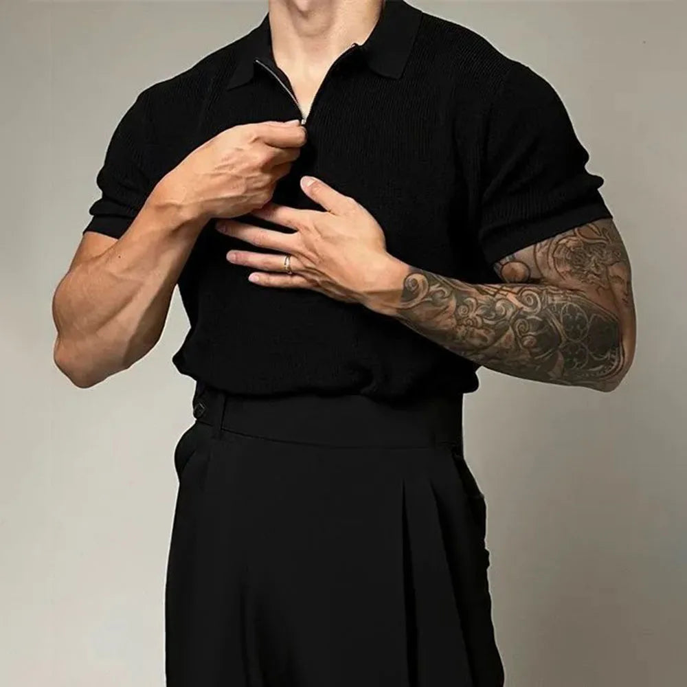 Men's modern zip-up polo shirt, tailored fit, short sleeve knit top, comfortable and stylish for casual wear.