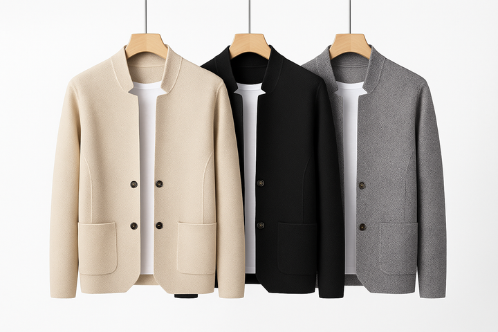 Stand collar detail on men's modform structured everyday jacket, a key feature of its modern minimalist fashion.