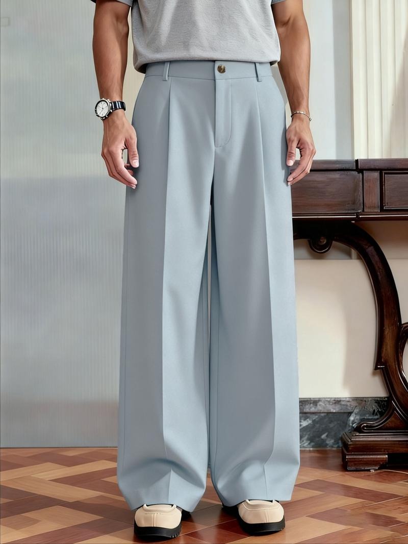 Comfortable men's Monaco wide leg trousers. Casual chic pleated wool blend dress pants for modern style.