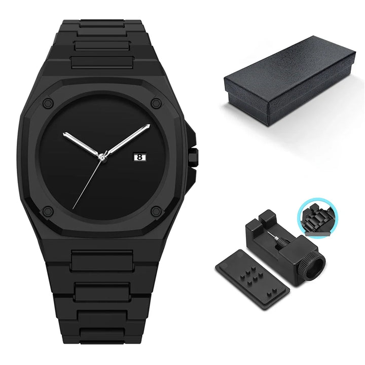 Elegant men's white monochrome watch, a minimalist geometric timepiece featuring a date display and water resistance.