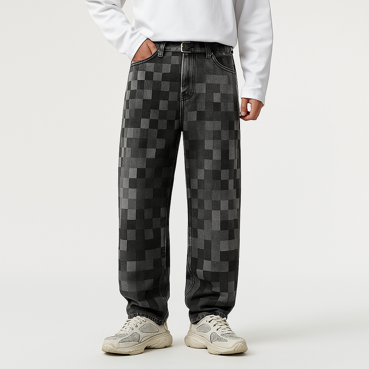 Retro style men's mosaic jeans. Unique pixelated design with a relaxed straight leg, ideal for casual streetwear.