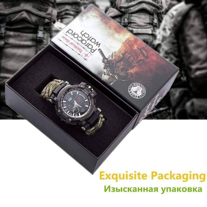 Stylish & rugged men's survival watch, waterproof and equipped with paracord for emergency use