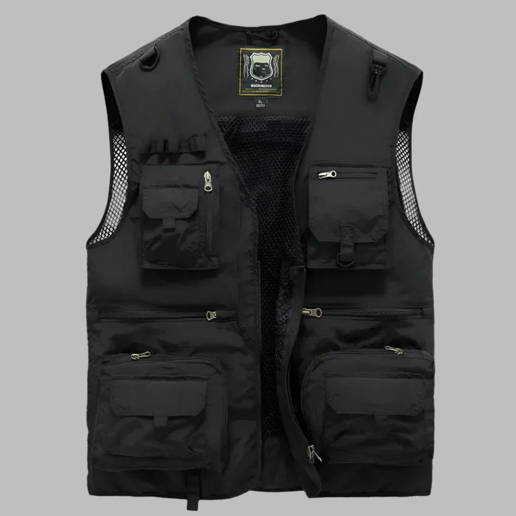 Tan men's multi-pocket fishing vest for fly fishing, photography, and outdoor adventure. Ample storage.