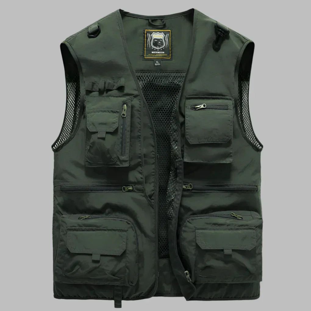 Lightweight men's adventure vest, breathable design for outdoor exploration, hiking, or safari trips.