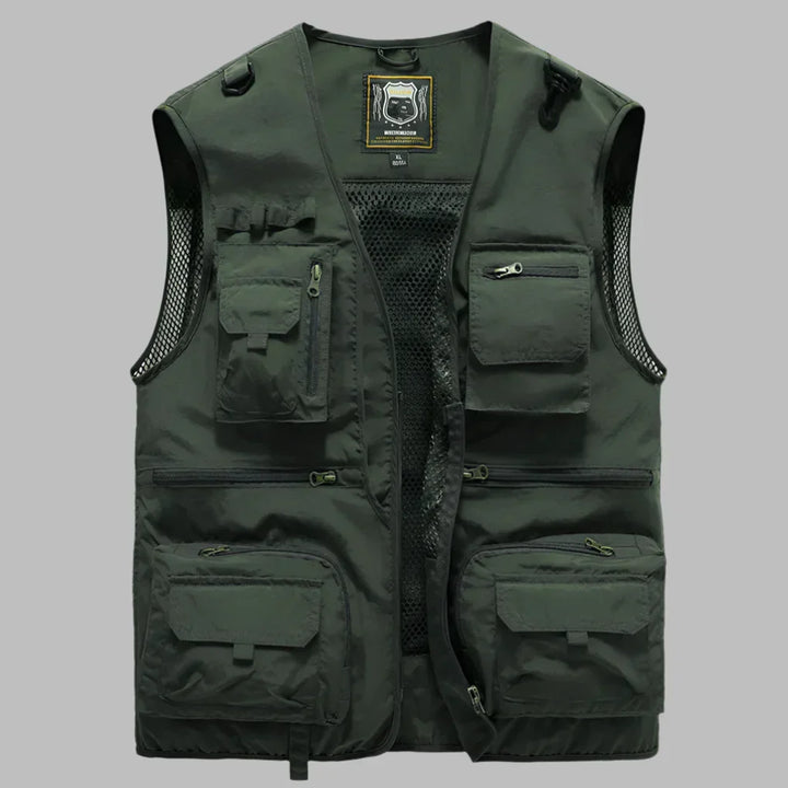 Lightweight men's adventure vest, breathable design for outdoor exploration, hiking, or safari trips.