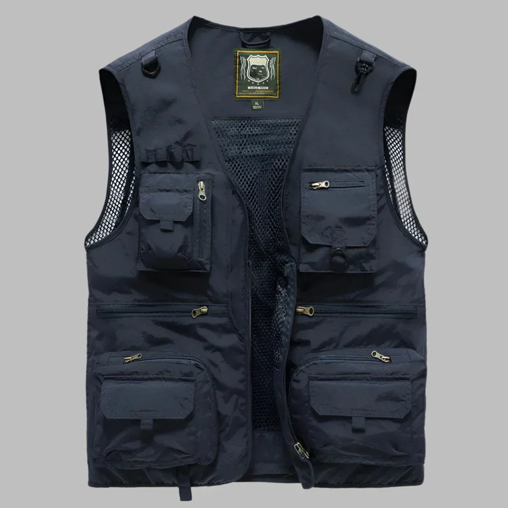 Versatile men's utility vest with many pockets, great for outdoor work, photography, or everyday wear.