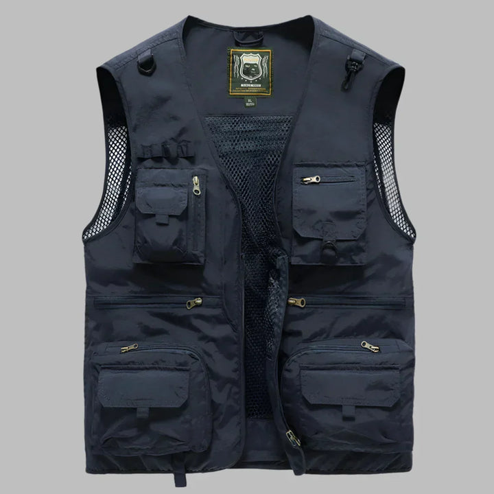 Versatile men's utility vest with many pockets, great for outdoor work, photography, or everyday wear.