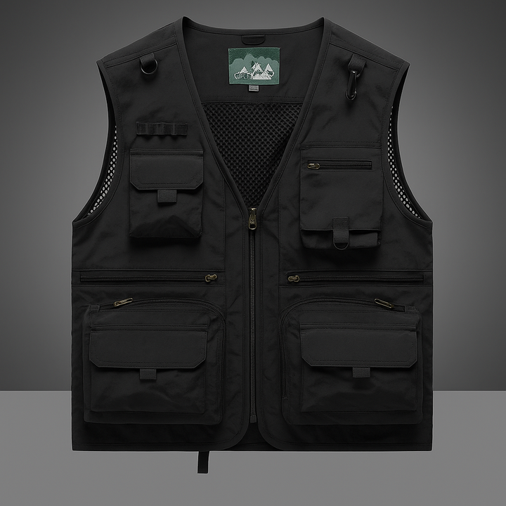 Tactical men's utility vest with many pockets for tools, outdoor adventures, or fishing. Breathable design.