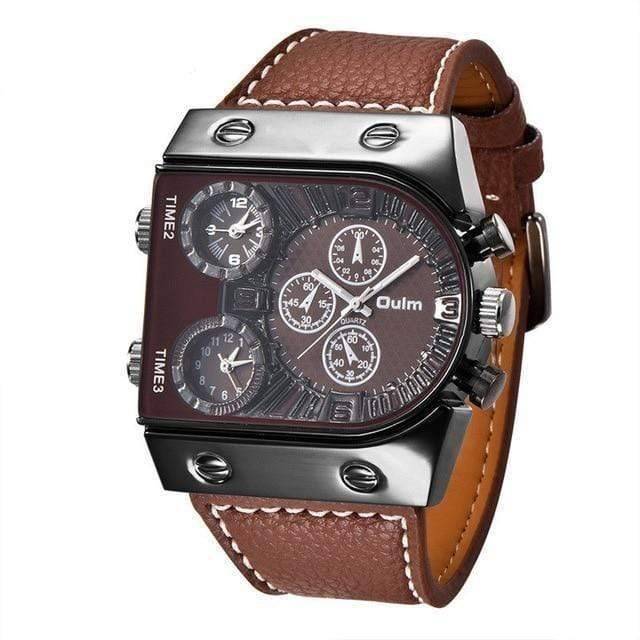 Men's multi-time zone quartz watch on a wooden surface, military aesthetic, mens fashion.