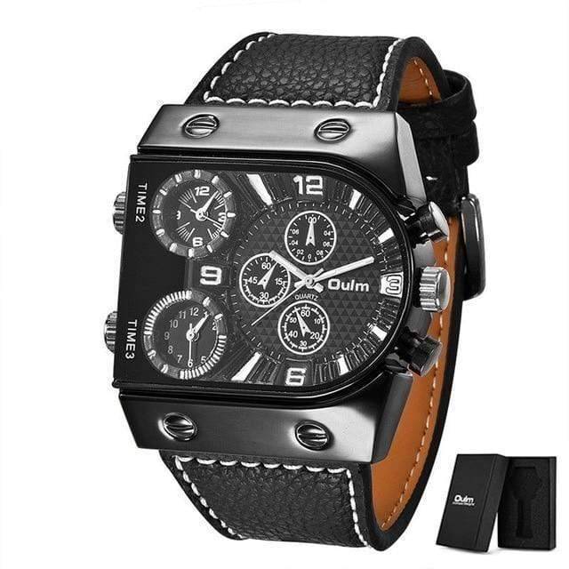 Group photo of three men's multi-time zone military quartz watches, different angles, leather straps.