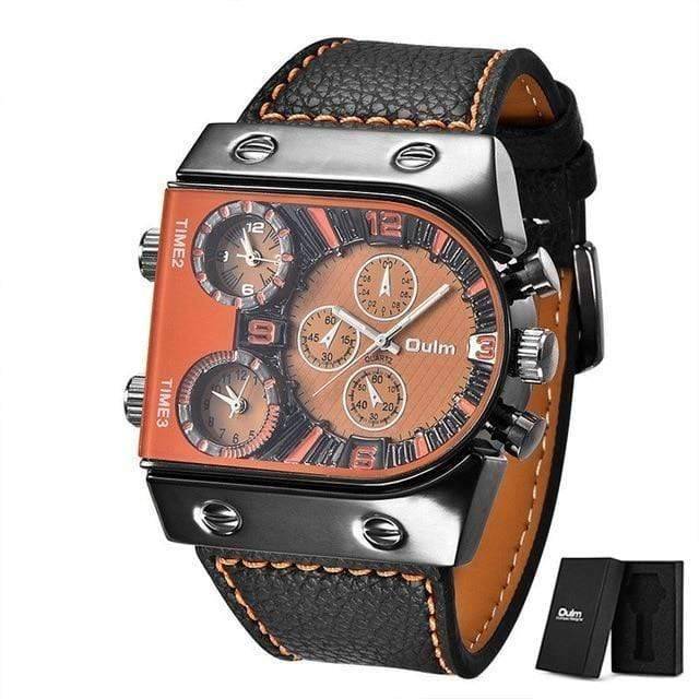 Fashion shot of men's multi-time zone military watch on arm, complementing a casual outfit.