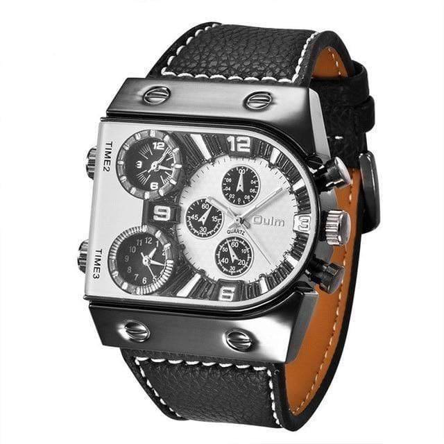 Men's outdoor military watch, multi-zone, with rugged brown leather strap for survival gear.