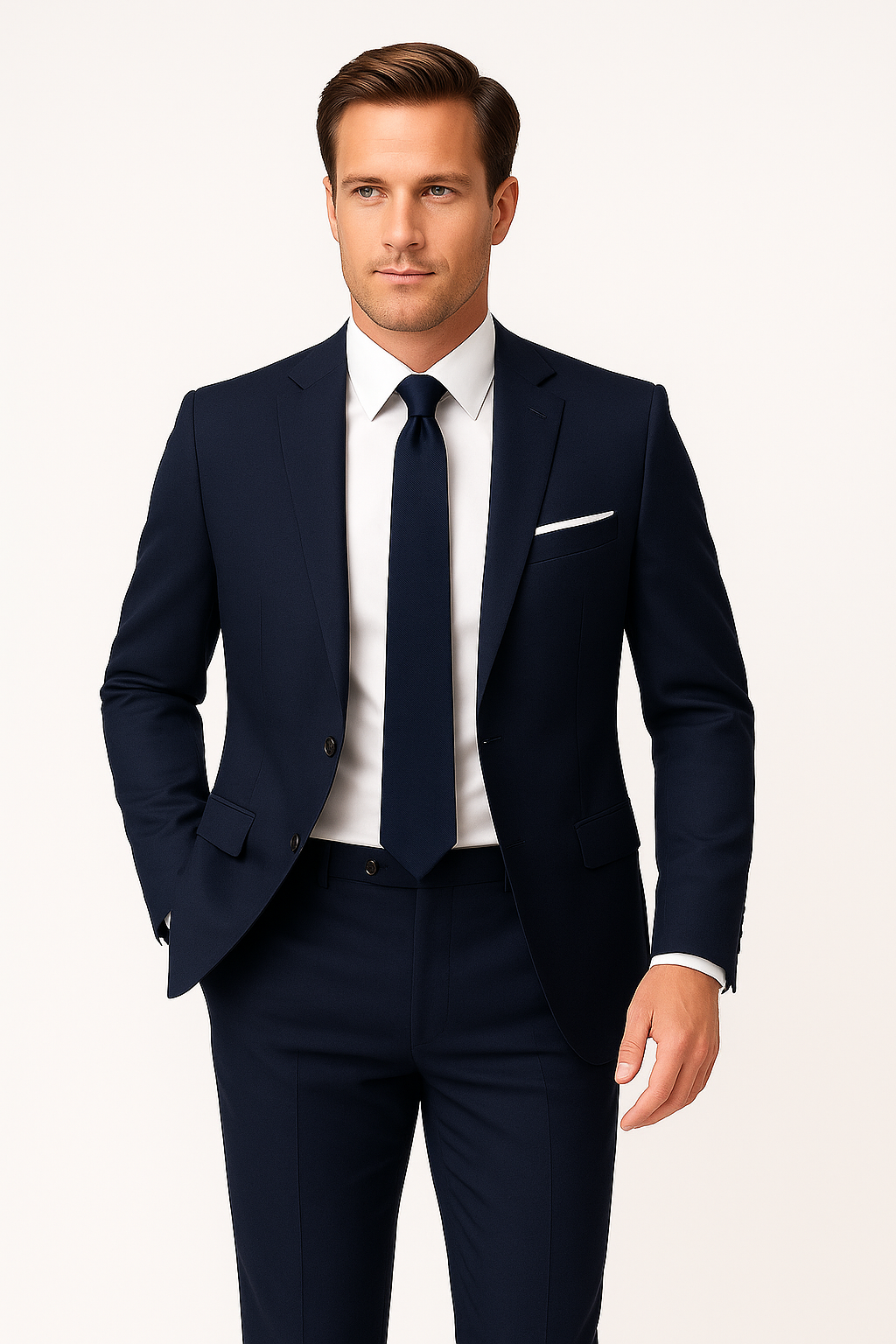 Men's navy blue slim fit tailored two-piece suit with blazer & trousers, ideal for formal events.