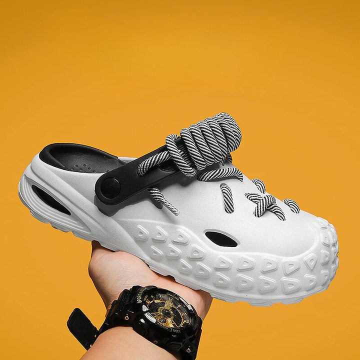 Water-friendly men's casual footwear: Odyssey Laced Clogs, easy to wear slides.
