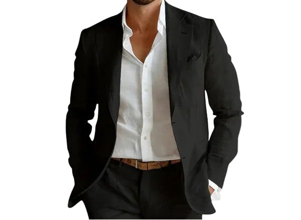 Men's open chest summer blazer, relaxed fit, lightweight for warm weather. Smart casual men's fashion jacket.